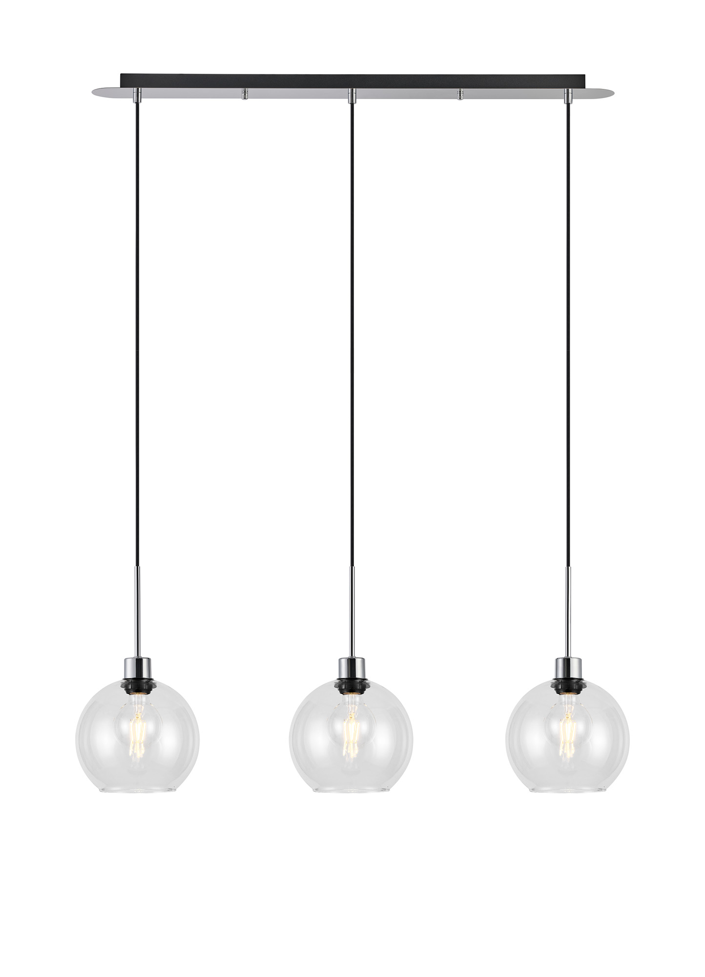 DK1304  Lori Linear Pendant, 3 Light Adjustable E27, Polished Chrome/Clear Open Mouth Round Globe Shades
